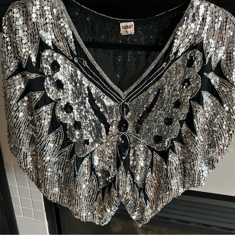 GUNIT - SUPER Sparkly Beaded/Sequin Vintage Butterfly Top - Size Small GUC